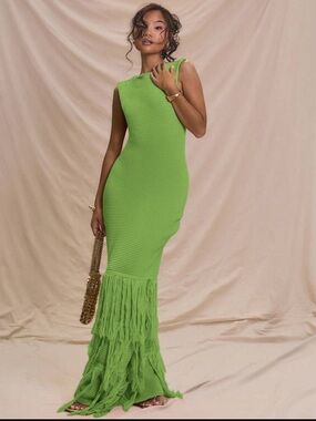SHEIN Lime Green Sleeveless Fringe Knit Maxi Dress